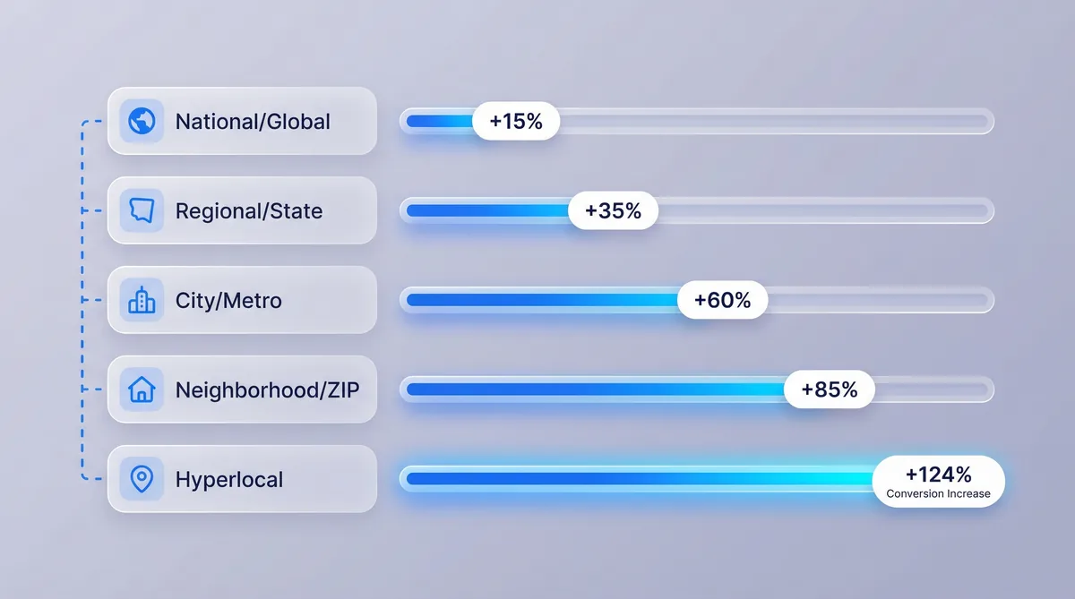 Five geographic scope levels from national to hyperlocal with horizontal bars showing engagement lift from 15 percent to 124 percent