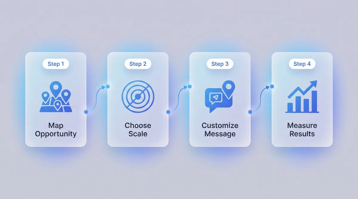 Four-step geographic segmentation workflow showing Map Opportunity, Choose Scale, Customize Message, and Measure Results