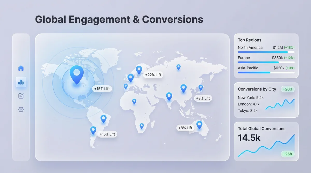 Global engagement and conversions dashboard with world map showing regional lift percentages and city-level conversion metrics