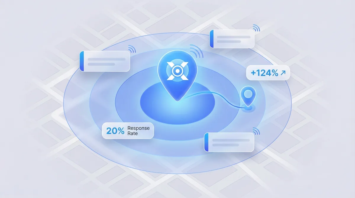 Proximity marketing map with concentric radius zones around ObserviX pin showing 20 percent response rate and 124 percent conversion lift