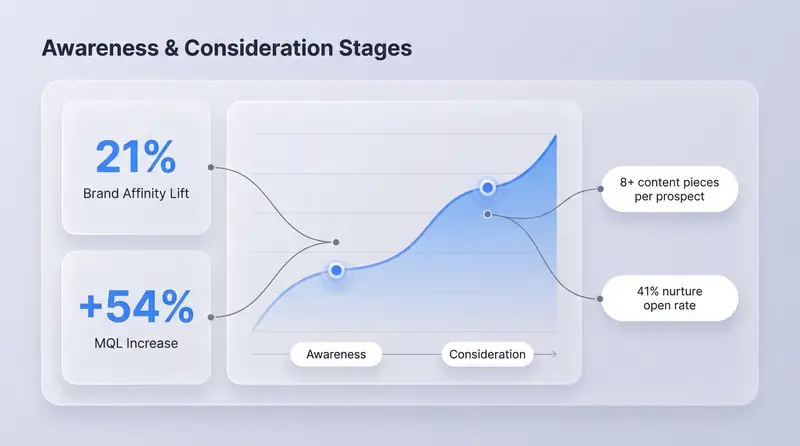 Side-by-side benchmark table comparing Awareness and Consideration stage conversion metrics for average versus top-performing marketing teams