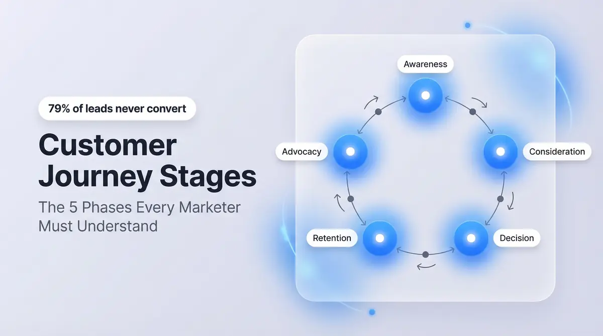 Circular diagram illustrating the five customer journey stages — Awareness, Consideration, Decision, Retention, Advocacy — with buyer loop paths