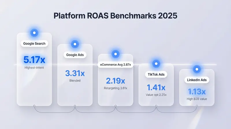2025 ROAS benchmark comparison bar chart across Google Search Ads at 5.17x, Google overall at 3.31x, Meta at 2.19x, TikTok at 1.41x, and LinkedIn at 1.13x