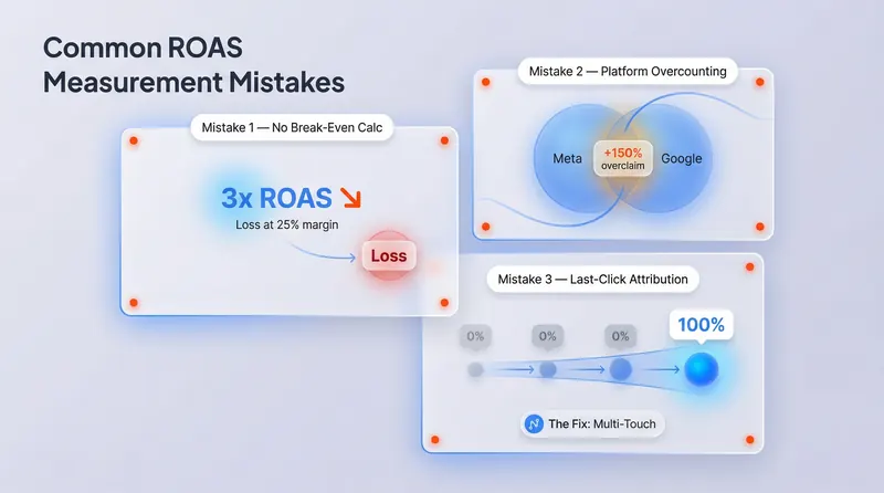 Three common ROAS calculation mistakes illustrated: skipping break-even math, trusting platform-reported numbers, and using last-click attribution for full-funnel campaigns