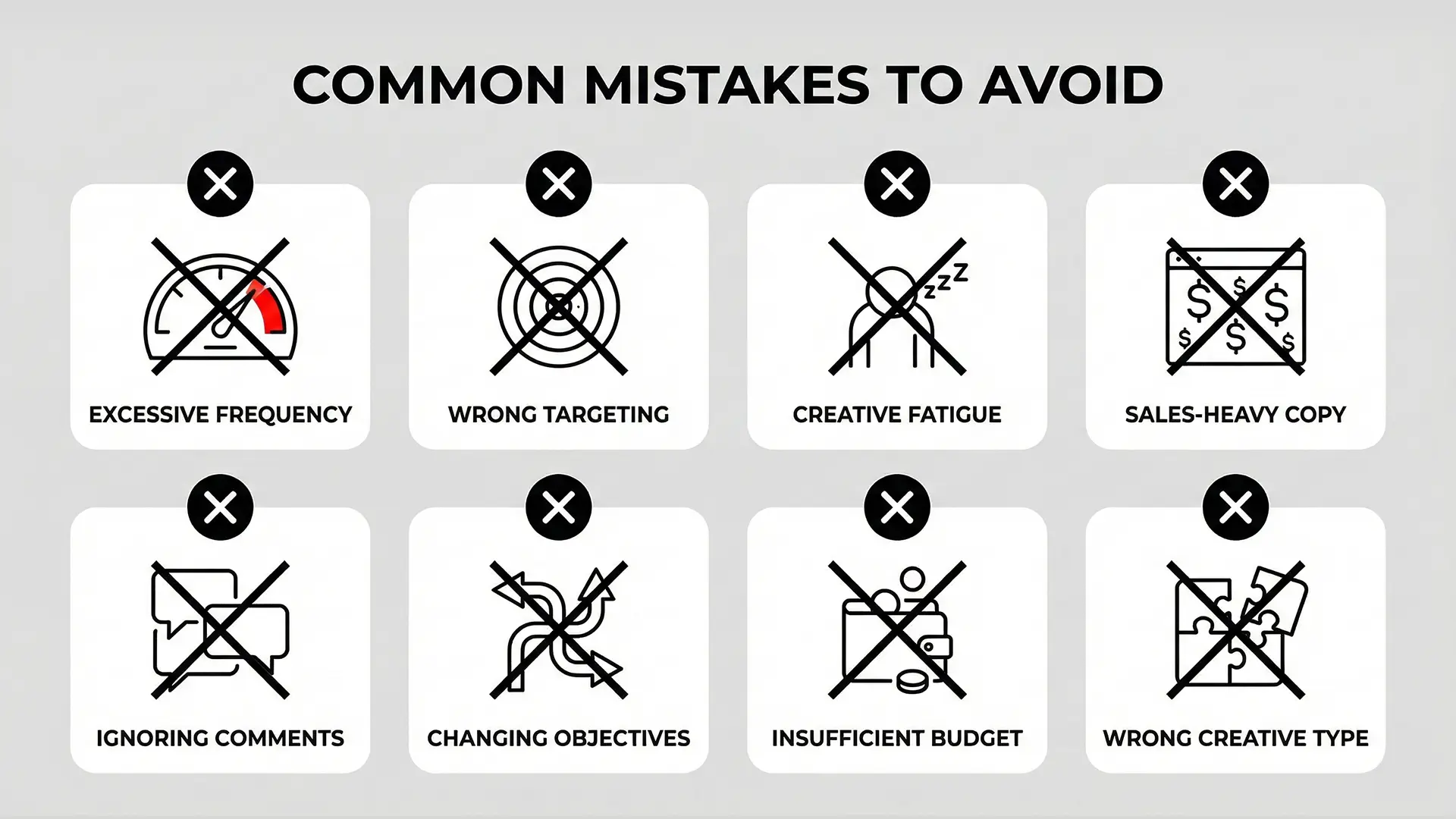 Common Facebook Campaign Mistakes to Avoid Warning icons highlighting common Facebook advertising mistakes including high frequency, narrow targeting, and ignoring comments